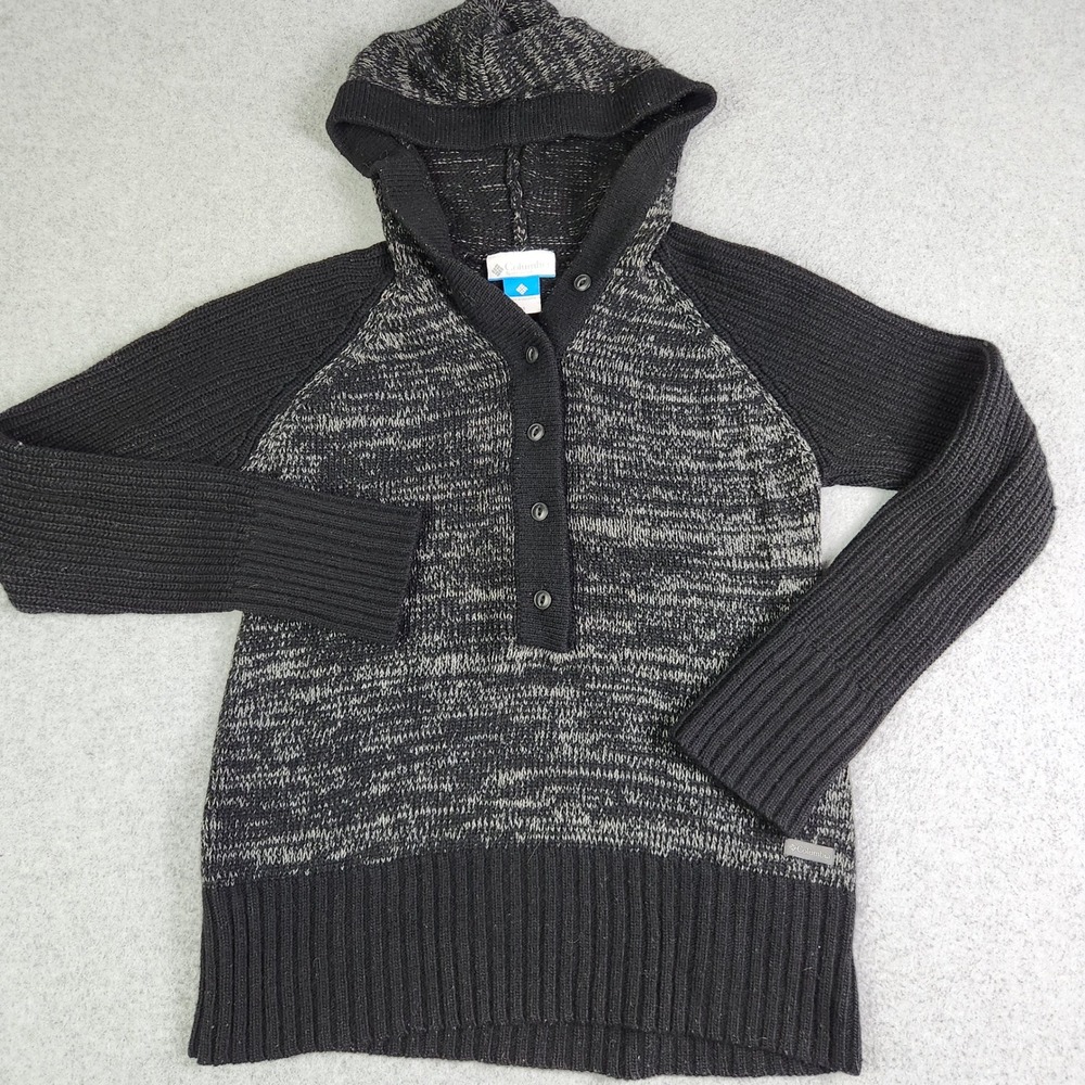 Columbia Henley Sweater Womens Medium Black Gray Marled‎ Wool Ribbed Knit Hooded